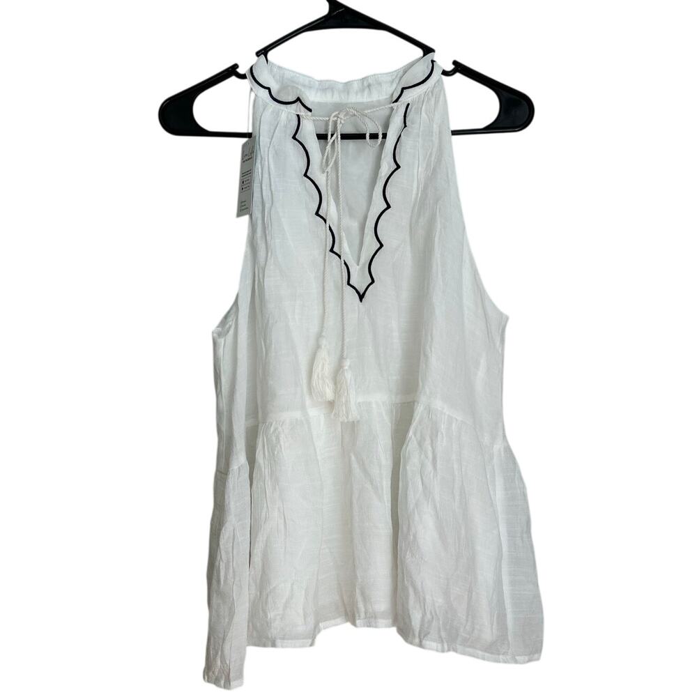 NWT CupShe White Sleeveless Tie Neck Embroidered Blouse Boho Scalloped Halter S